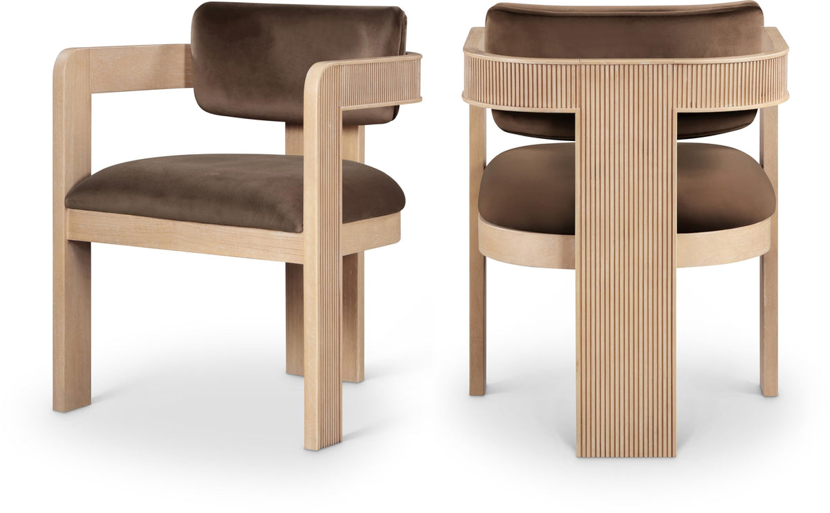Meridian Furniture 11094Brown-C Sacha Collection Art Deco Dining Chair, Ultra Luxe Brown Velvet, 460 GSM Velvet, Solid Fluted Wood Natural Finish, 22.5" W x 22" D x 31" H, Brown, Set of 2
