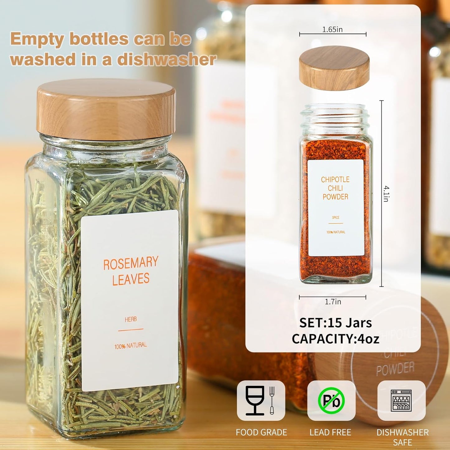 TESUNMU Label4oz (48) Spice Jars with Seasoning Containers, Glass Spice Bottles with Shaker Lids,Funnel, Chalk Pen
