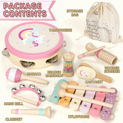 Baby Musical Instruments for Toddlers 1-3, Montessori Wooden Toys for 1 Year Old, Xylophone Maracas Percussion Set with Storage Bag, Learning Toys for Boys Girls Age 2-4, Christmas Birthday Gift, Pink
