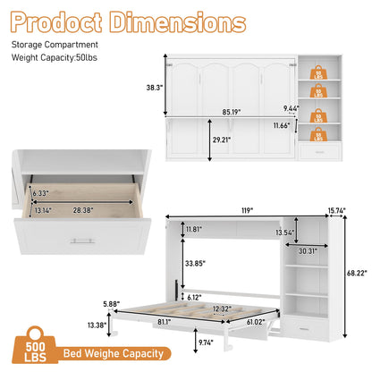 Murphy Bed Queen,Murphy Bed with Height Adjustable Storage Compartments and Shelf,Wall Bed Frame w/ 1 Drawer, Multifunctional Foldable Platform Bed for Bedroom,Guest Room,White