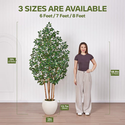VeriNatural 7FT Artificial Ficus Tree with White Planter - Realistic Faux Ficus Tree with 1500+ Silk Leaves, 4 Real Wood Trunks,Tall Fake Plant for Indoor Living Room, Office, Home Decor (84")