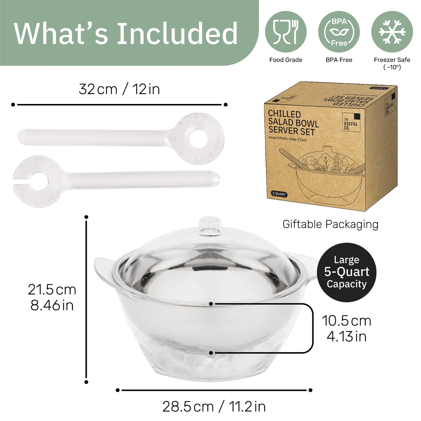 Useful Co. 5QT Salad Bowl Set on Ice - Large Salad Bowl with Lid & 2 Servers - Chilled Tray for Cold Food, Party Buffet - Serving Bowl with Ice Tray Base for Gatherings