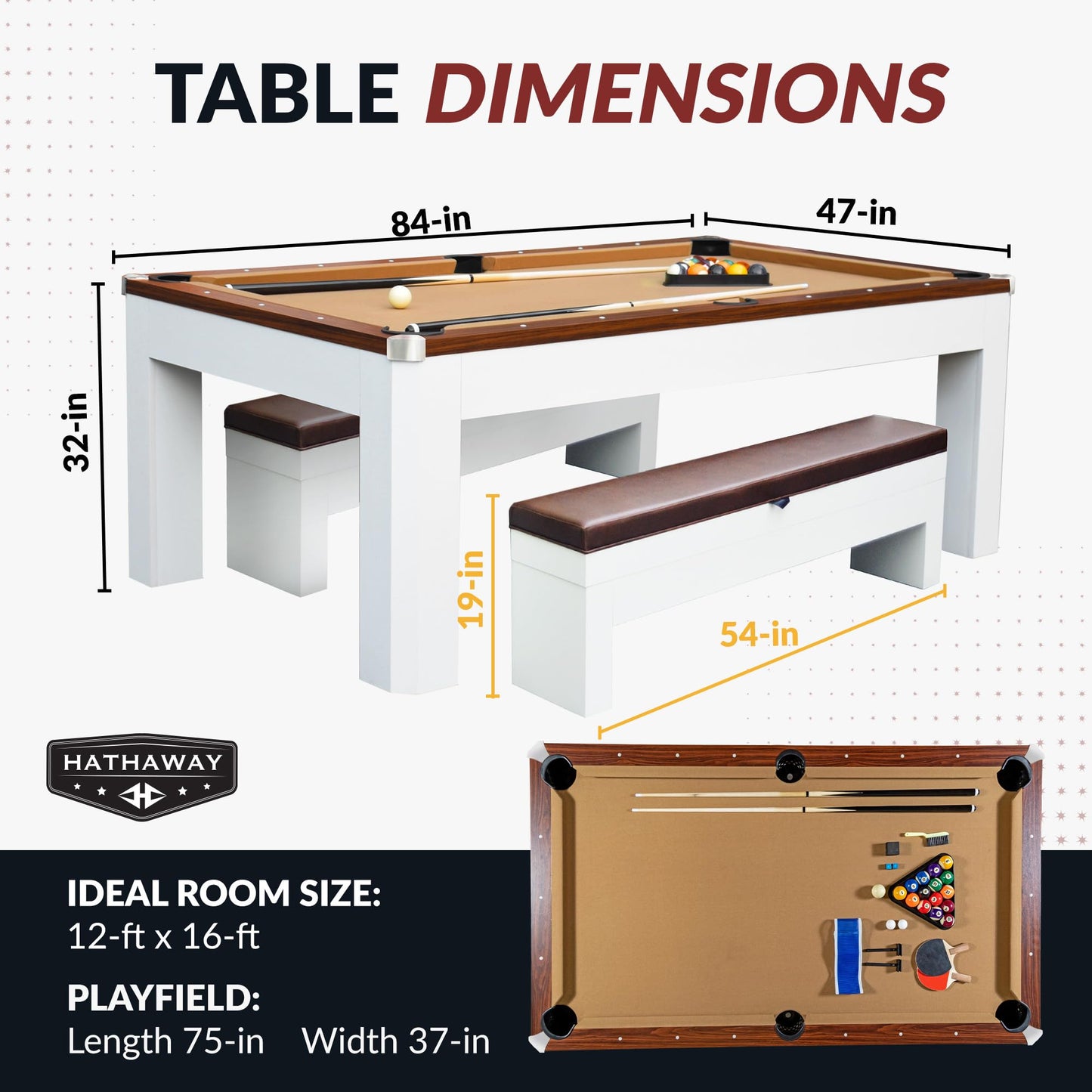 Hathaway Newport II 7 Foot Dining Pool Table Combo with Game Accessories, & 2 Benches – Multifunctional Billiards Table with Ping Pong & Dining Top – White Finish, Walnut Accents, Camel Felt