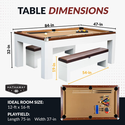 Hathaway Newport II 7 Foot Dining Pool Table Combo with Game Accessories, & 2 Benches – Multifunctional Billiards Table with Ping Pong & Dining Top – White Finish, Walnut Accents, Camel Felt