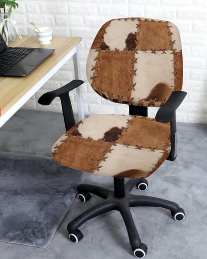 Vintage Leather Office Chair Covers, 2 Piece Abstract Cowhide Plaid Stretch Covers, Washable Chair Seat Protector