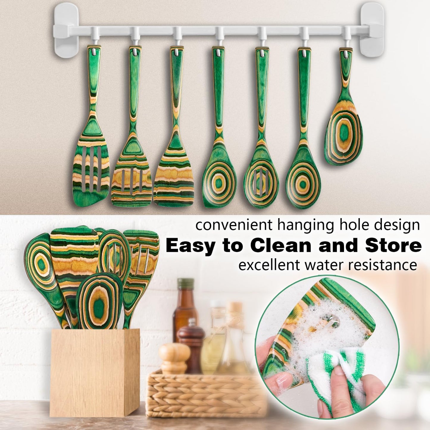 HOWHONG Wooden Spoons for Cooking, Pakkawood Kitchen Utensil Set Oasis Color, Premium Durable Wooden Utensils for Nonstick Cookware, Heat Resistant, Smooth Finish, Comfortable Grip, 7 Piece