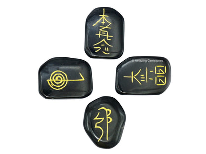 Amazing Gemstone Black Agate Crystal Reiki Stones with Engraved Symbols for Usui Reiki Healing, Set of 4 Pcs (Indian Handmade Reiki Gift Set)