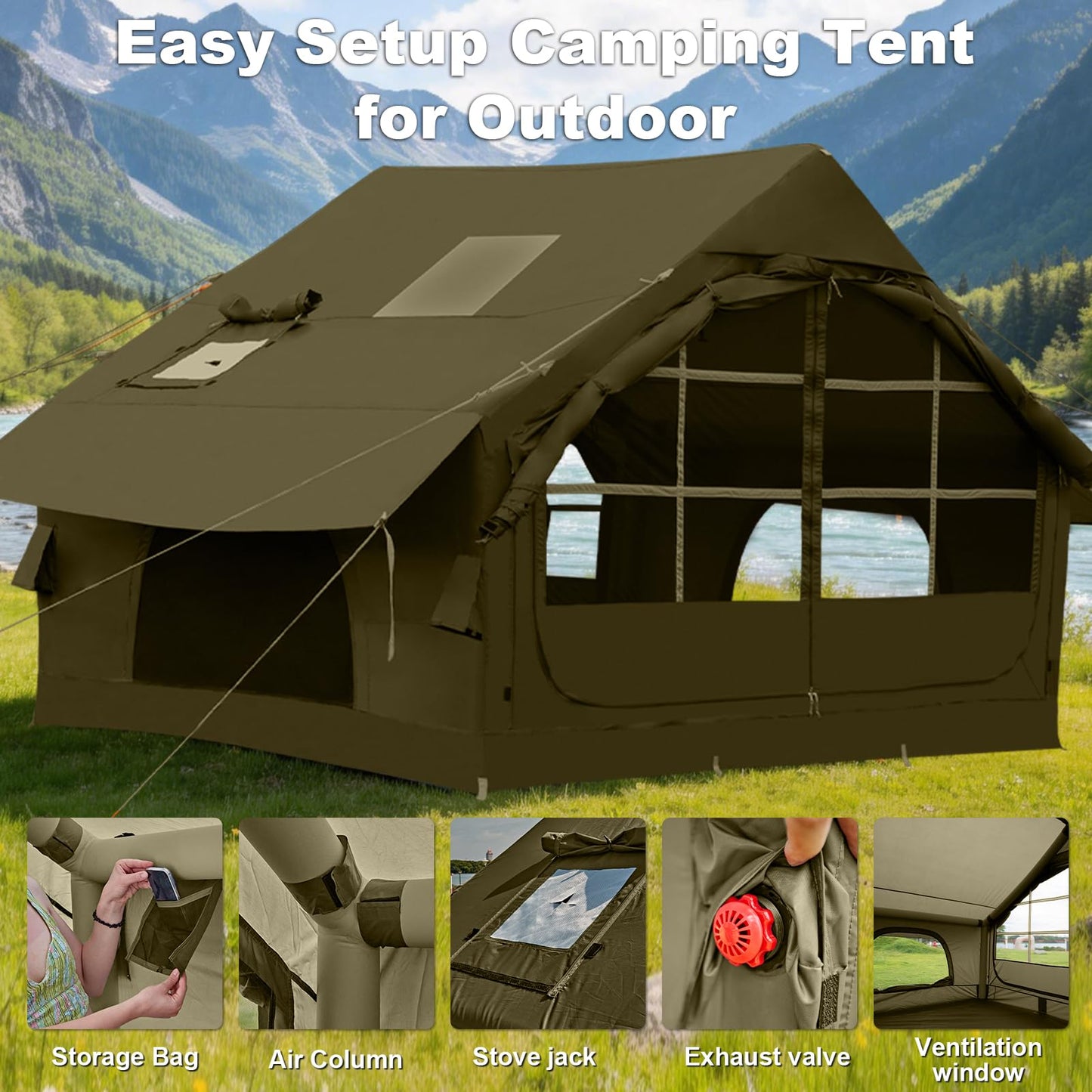4-6 Person Inflatable Tent for Camping with Stove Jack, Hand Air Pump Easy Setup Blow Up Tents for 4 Seasons Waterproof Inflatable Air House Tent for Outdoor Adult
