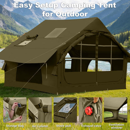 4-6 Person Inflatable Tent for Camping with Stove Jack, Hand Air Pump Easy Setup Blow Up Tents for 4 Seasons Waterproof Inflatable Air House Tent for Outdoor Adult