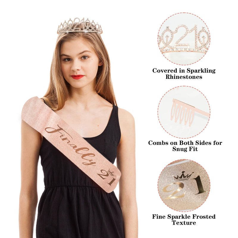21st Birthday Decorations for Her,50Pcs PRE-STRUNG Rose Gold Black Party Set-21 Years Old Crown and Sash,Banner,Hanging Swirl,Backdrop Decor,CakeTopper,Age Candle, Balloons,Paper Fans,PRE-ASSEMBLED