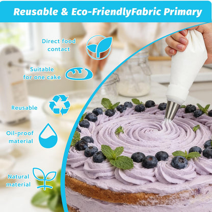 Reusable Cotton Piping Bags and Tips Set -Two 16inch Pastry Bags with 8pcs Large Stainless Icing Tips for Cake Decorating, Cupcakes, Cookies. Baking Kit for Home Bakers & Chefs