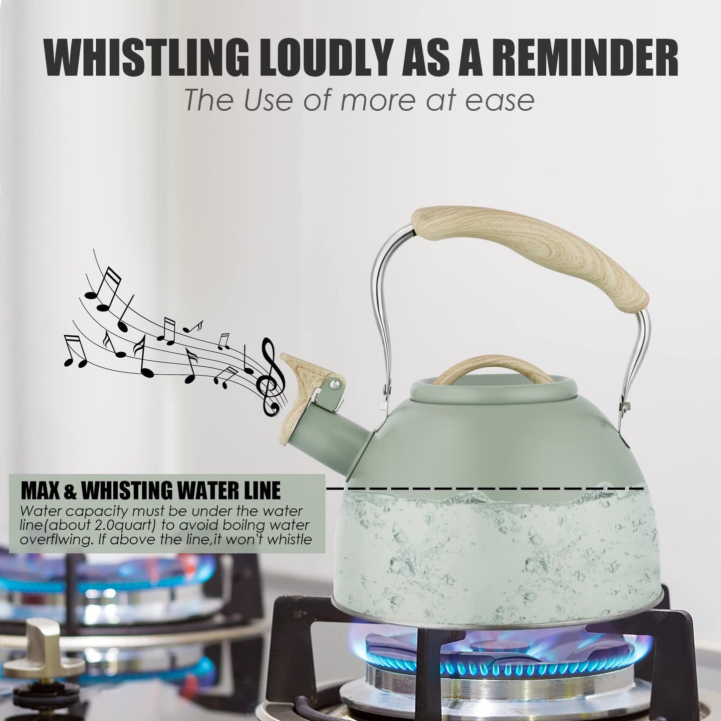 Tea Kettle -3.0 Quart Whistling Tea Kettle for Stove Top Stainless Steel Tea Pot Stovetop Food Grade Water Kettle with Wood Pattern Handle for Coffee/Tea/Milk Kettle Pot-Green