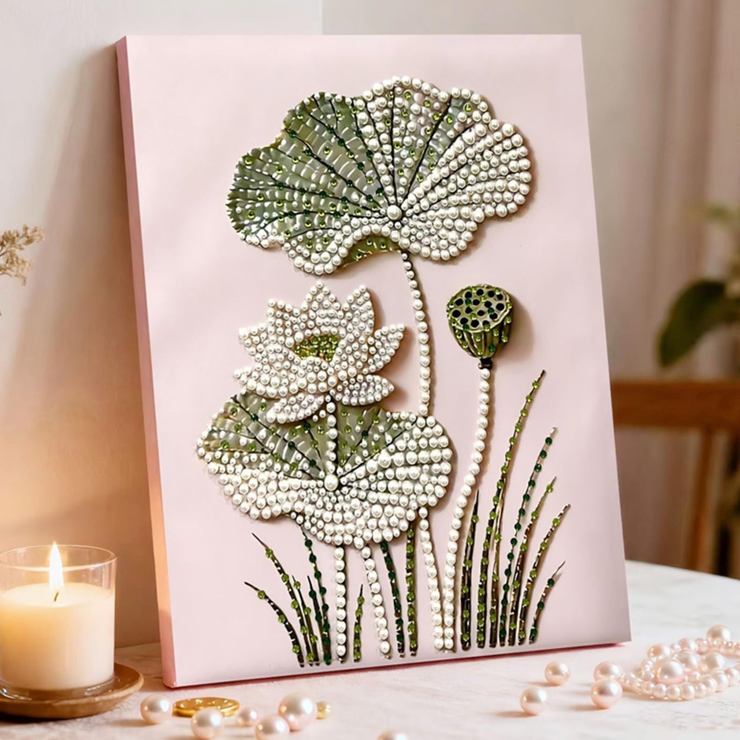 DIY Diamond Pearl Painting Kit for Adults, Flower 3D Pearl Painting Craft with Wooden Frame 40x50cm, Beginner Friendly Home Wall Decor Art, Gift for Women Men Housewarming (Lotus)