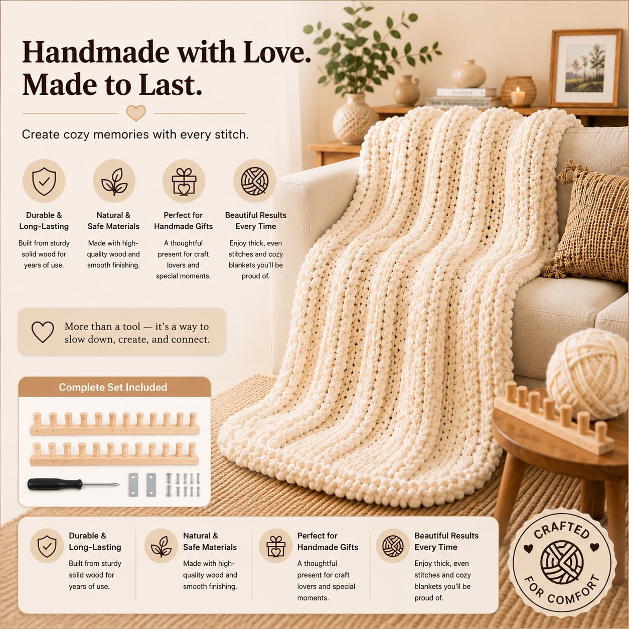TopBoAoRAA 70'' Chunky Knitting Blanket Loom, Adjustable Wood Knit Loom with Detachable Modules, Portable Hand Weaving Loom Kit for Beginners, DIY Yarn Craft Tool for Home & Trave (70 inch)