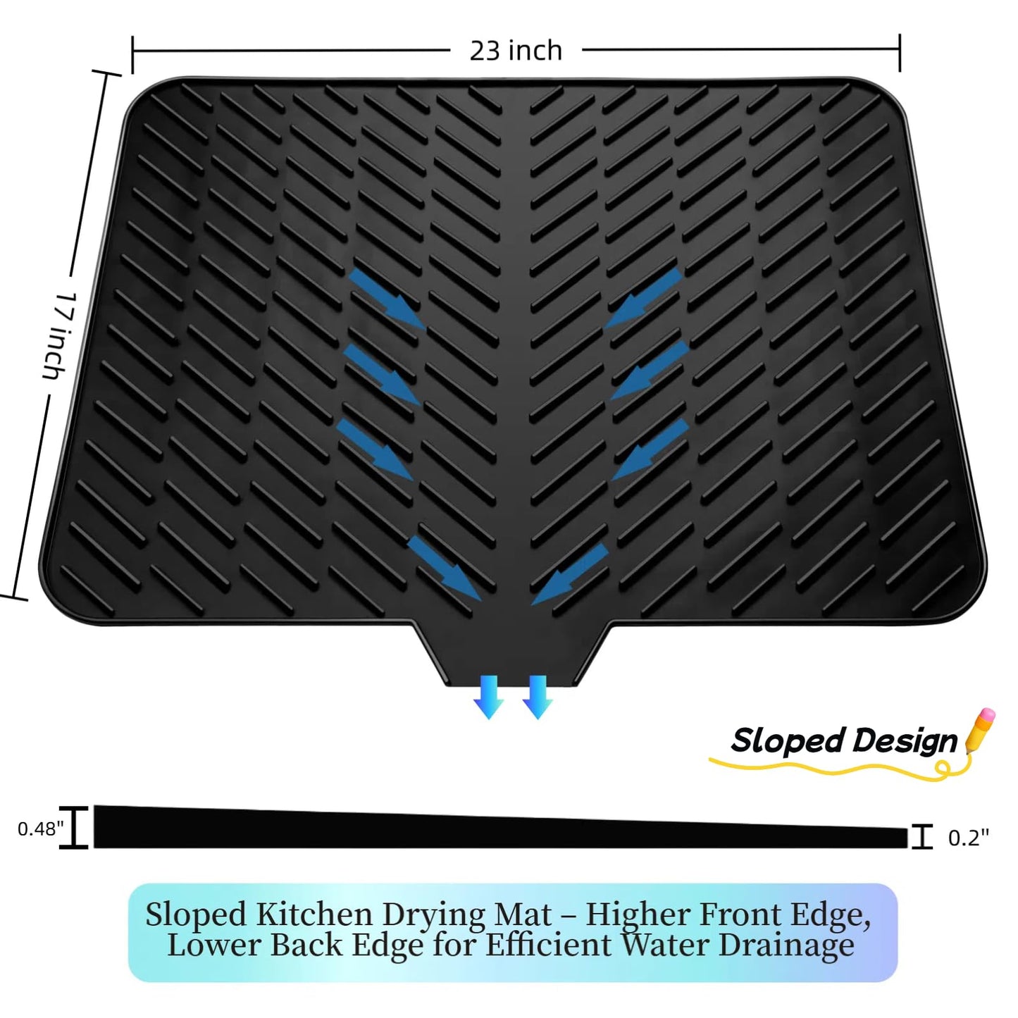 LKYLIVE Silicone Drying Mat, 23"X17" With Built-in Drain Lip,Heat-Resistant,Eco-friendly,Hygienic Drying Pad,Leak-Proof and Non-Slip,Silicone Dish Drying Mat for Kitchen Counter or Sink（Black 23X17）