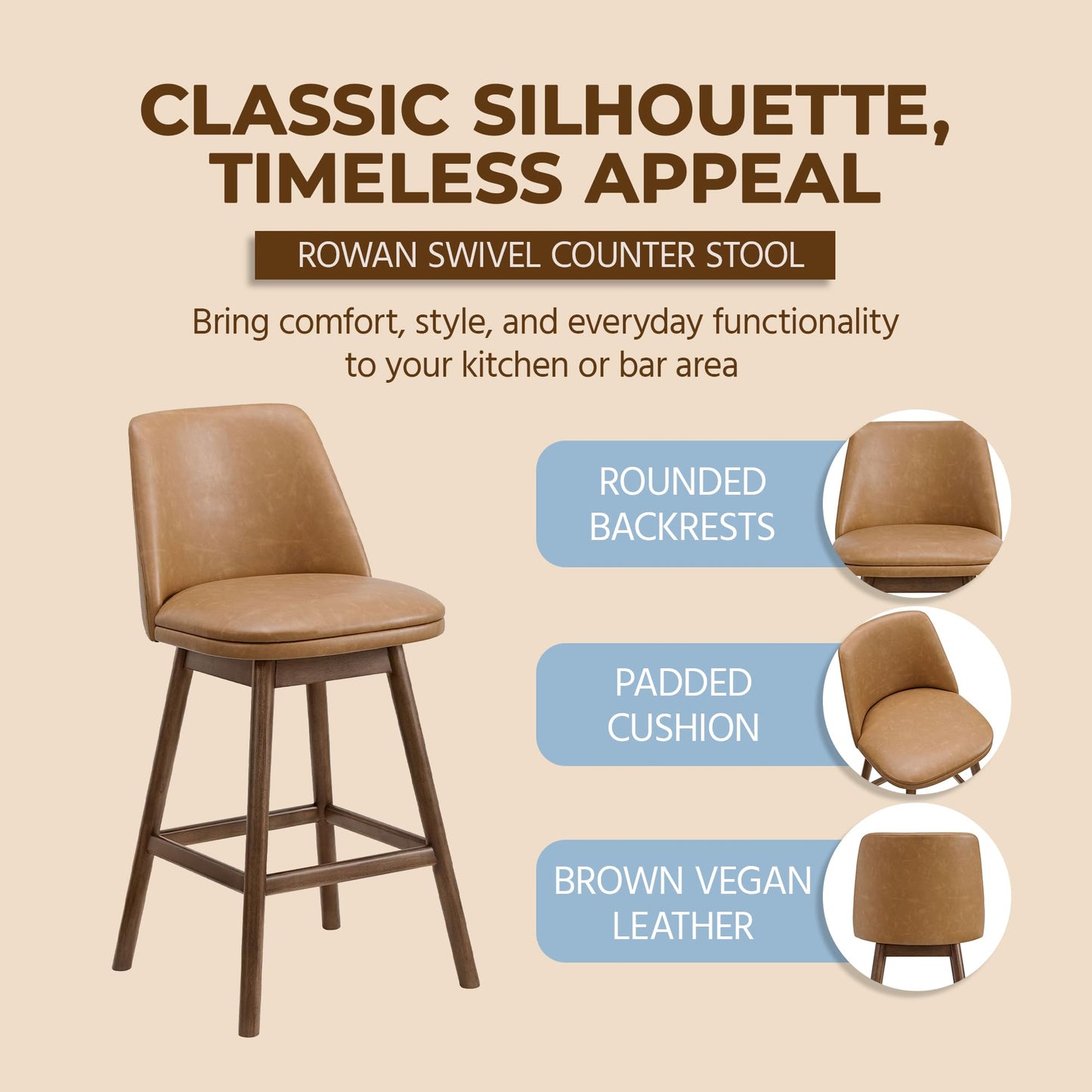 ROME + OAK Rowan 26 Inch Swivel Counter Height Stool in Walnut Finish with Brown Vegan Leather Upholstery Seat - Kitchen or Dining Room Furniture