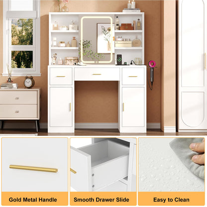 knoworld Vanity Desk with Sliding Mirror & LED Lights, Smart Makeup Table with Charging Station, Hairdryer Holder, 7 Shelves, 3 Drawers, 2 Cabinets, Vanity with Extra Hidden Stroage for Bedroom,White