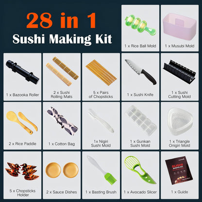 SmileTools Sushi Making Kit, 28 in 1 Sushi Roller Kit with Bamboo Mats, Sushi Bazooka, Nigiri Gunkan Sushi Mold, Musubi Maker, Rice Ball Mold & More