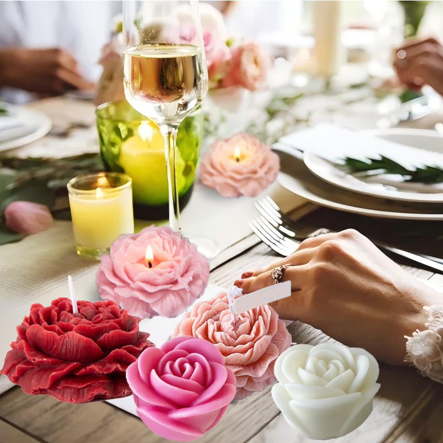 2 Rose Flowers Silicone molds(2 Styles) 2 Peony Mold (3.54 inch + 2.55 inch) Flower Silicone Candle Molds with Large-Eye Wicking Needle Candlewick for Candle Home Décor Handmade Gift Epoxy Resin Soap