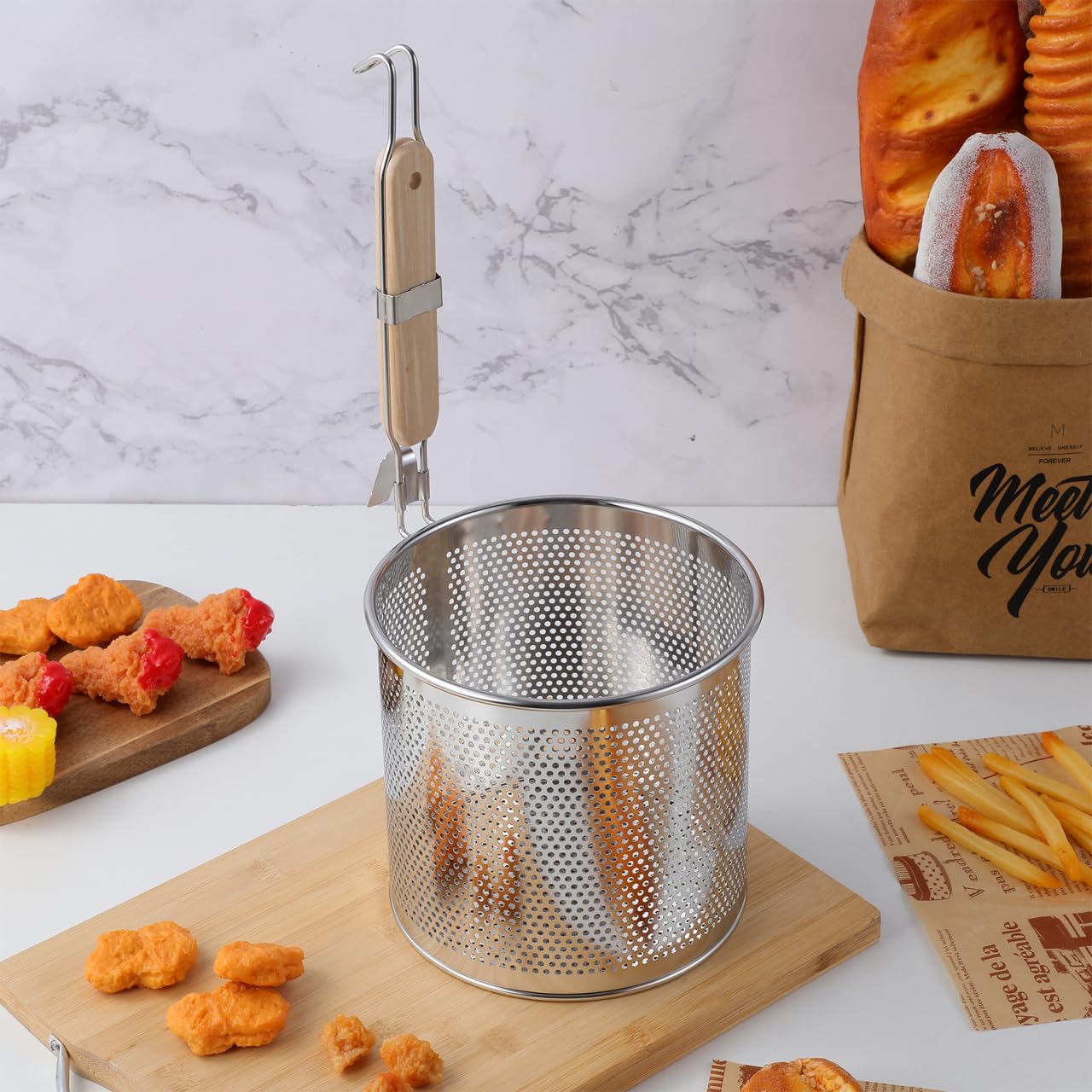 Angoily Mesh Pasta Strainer 1 Gal Stainless Steel 6.5" Deep Noodles Basket Hot Pot Colander with Wooden Handle 3.7L Boiling Spider Strainer for Cooking Dumpling Vegetable Food