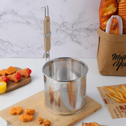 Angoily Mesh Pasta Strainer 1 Gal Stainless Steel 6.5" Deep Noodles Basket Hot Pot Colander with Wooden Handle 3.7L Boiling Spider Strainer for Cooking Dumpling Vegetable Food