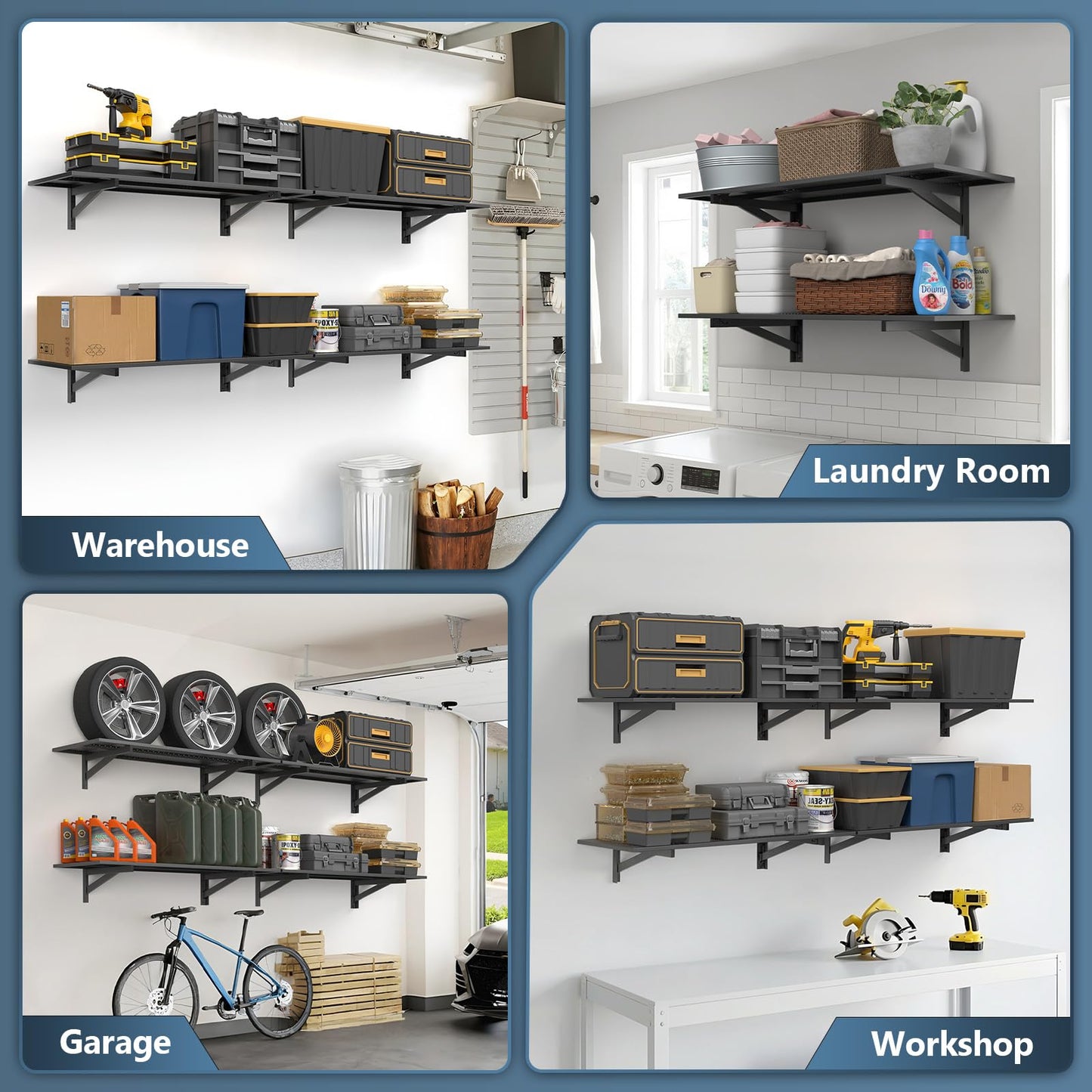 Jusgym 4 Pack Heavy Duty Garage Wall Shelving (1.5x4ft), 1400lbs Capacity Garage Shelving Wall Mounted, 18"x96"Garage Storage Rack Floating Shelves, Black