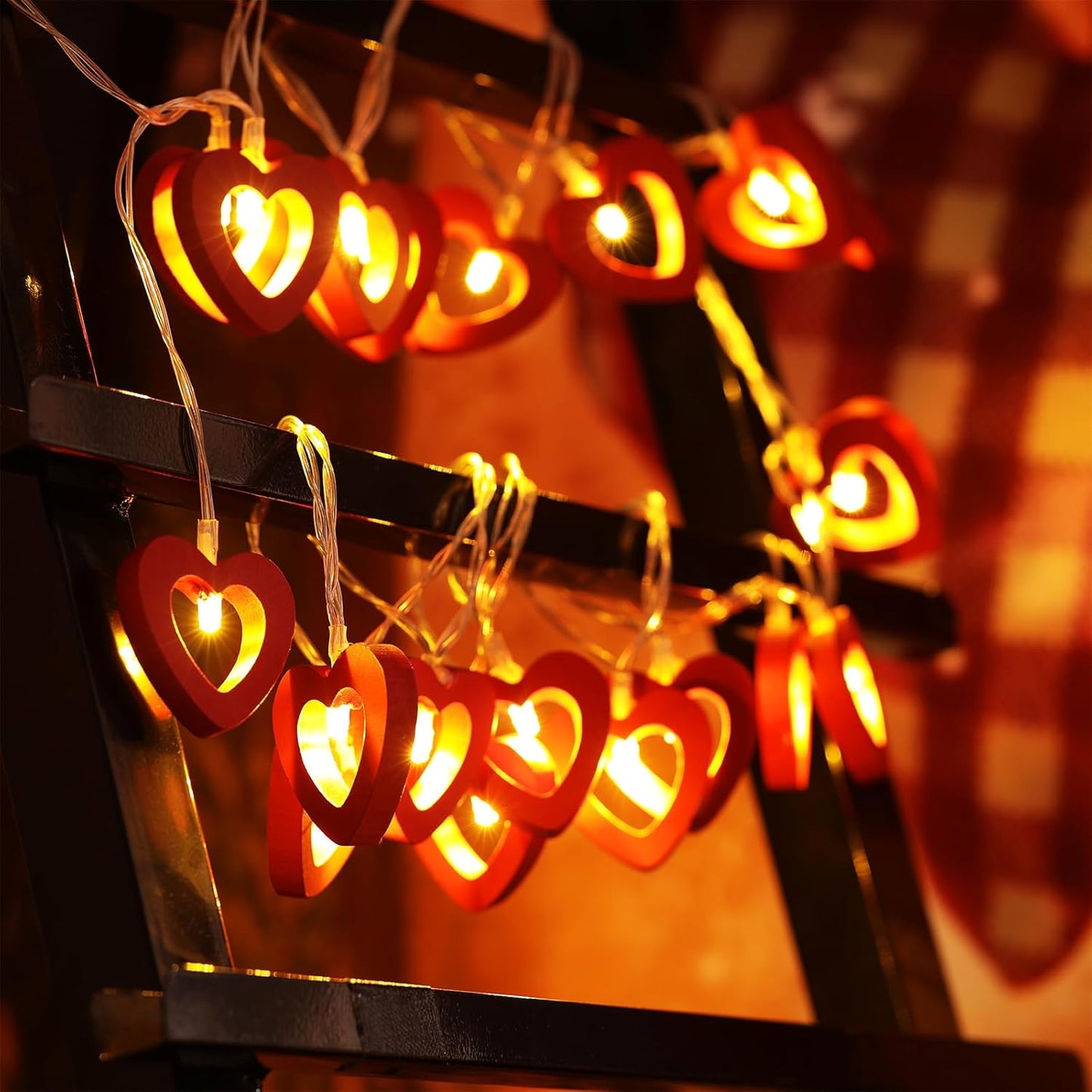 Mudder Valentine's Day Fairy String Lights, 10 ft 20 LED Wooden Heart Red Pink String Lights for Valentine Wedding