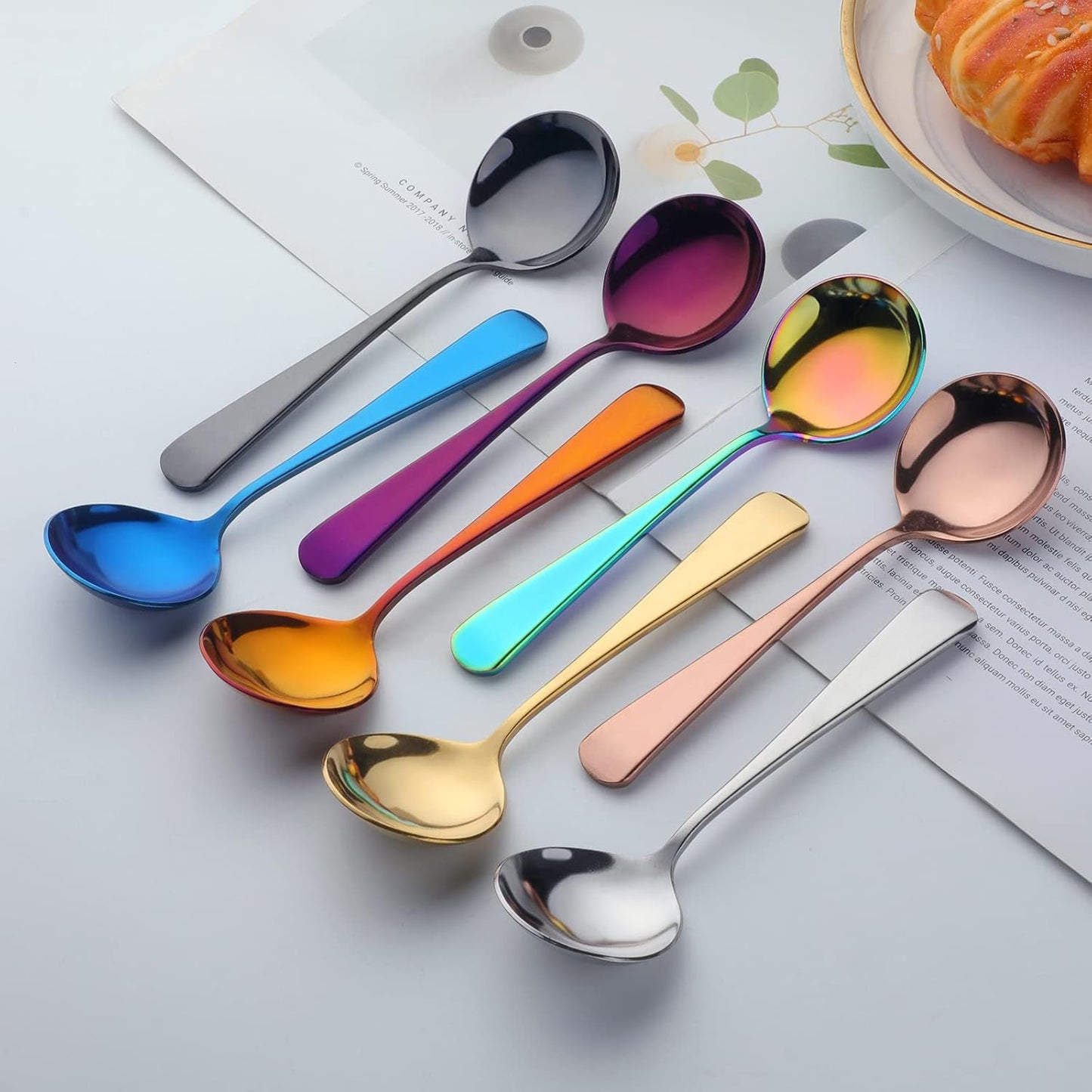 Broth Round Spoon Set, 8-Piece Reusable Stainless Steel Dinner Table Spoons for Cereal, Soup, Camping, Ramen