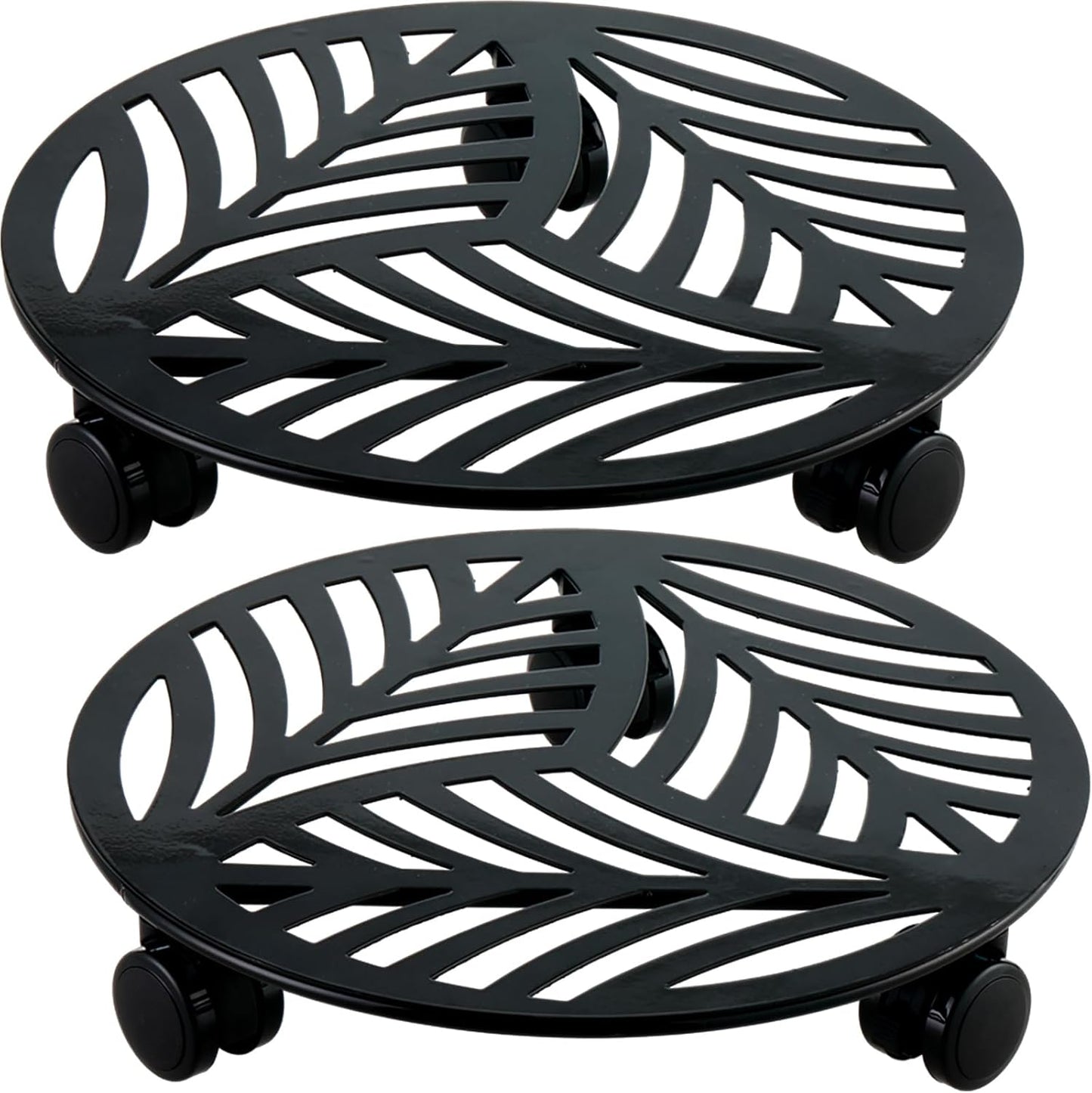 2 Packs 12" Large Metal Plant Caddy with PU Wheels Heavy-Duty Wrought Iron Rolling Plant Stands Indoor Outdoor Wheeled
