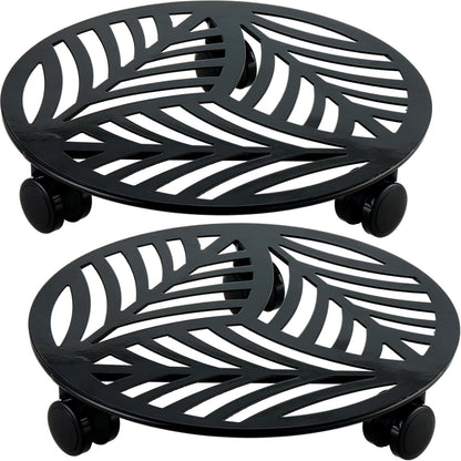 2 Packs 12" Large Metal Plant Caddy with PU Wheels Heavy-Duty Wrought Iron Rolling Plant Stands Indoor Outdoor Wheeled
