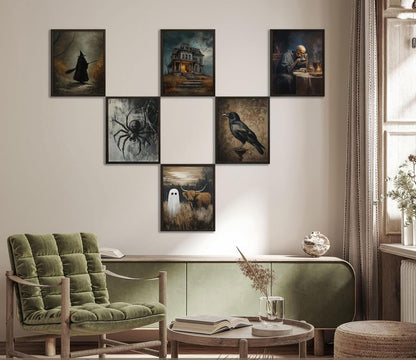 6Pcs Halloween Wall Art Creepy Dark Academia Wall Decor Pictures Ghost Wizard Skeletons Canvas Posters Prints for Gallery Living Room Bedroom Office Unframed