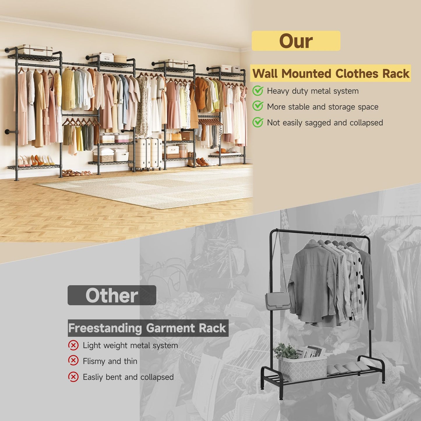 ONBRILL L7 Wall Mounted Industrial Pipe Clothing Rack – Heavy Duty Modular Closet System with 9 Hanging Rods (6 Expandable) & 10 Adjustable Shelves, Corner Garment Rack, Large Wardrobe - Black