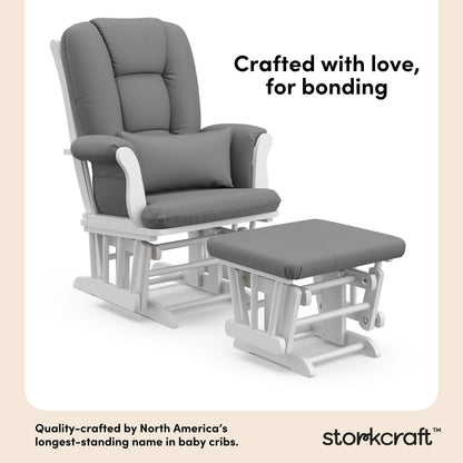 Storkcraft Tuscany Custom Glider and Ottoman with Free Lumbar Pillow (White/Grey) - Cleanable Upholstered Comfort Rocking Nursery Chair with Ottoman