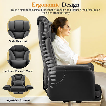 FelixKing Big and Tall Office Chair, 400LBS Wide Leather Executive Chair, Reversible Armrest for Pets Criss Cross Legged, 135° Reclining High Back Gaming Desk Chair with Lumbar Support Footrest, Black