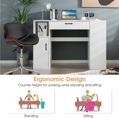 LDAILY Sewing Machine Table, Sewing Desk with Storage, Drafting Writing Sewing Station with Storage Cubes,1 Cabinet, 1 Drawer, 2 Adjustable Shelves, Artwork Craft Table for Home Office, White