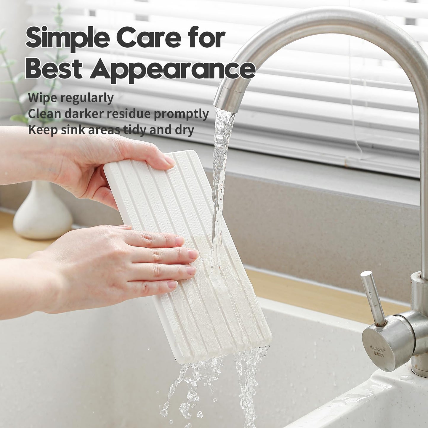Razborci 2PCS Water Absorbing Stone Drying Tray Mat For Bathroom Sink & Kitchen Counter Faucet Organizer Decor, Quick Dry Dish Soap Dispenser Sponge Holder, Vanity Sink Caddy Bar Coaster,White-8"*3.8"
