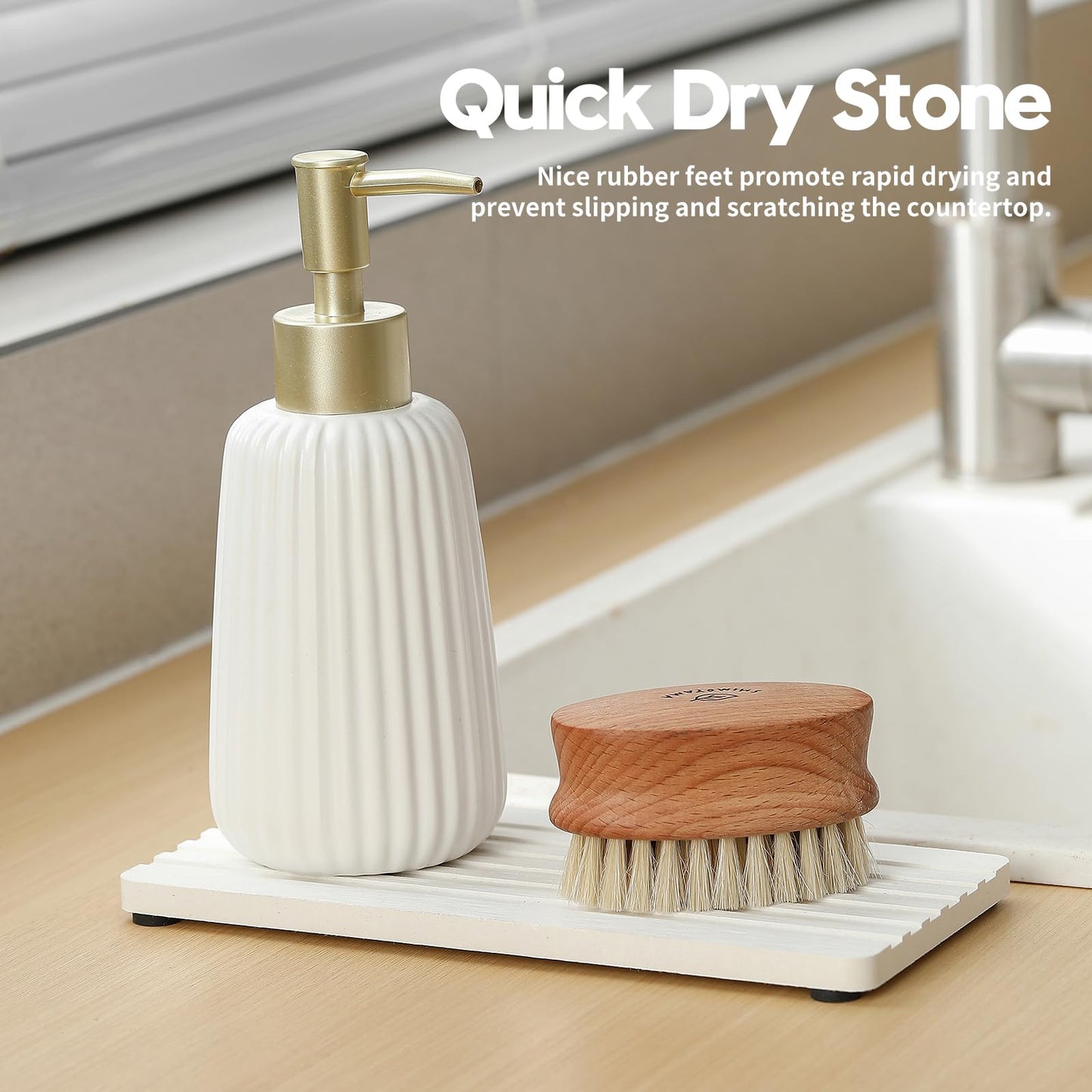 Razborci 2PCS Diatomite Quick Stone Drying Tray Mat for Bathroom & Kitchen Counter, Instant Dry Water Absorbent Drink Bar Coasters,Vanity Sink Caddy Organizer,Dish Soap Sponge Holder, Ivory,8"x3.8"