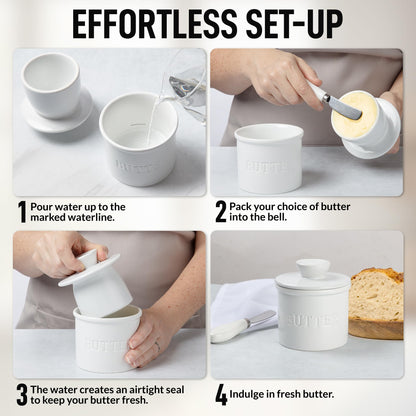 Zulay Kitchen Bell Shaped Butter Crock with Lid for Countertop with Water Line & Spreader Knife, Ceramic French Butter Dish Keeper For Fresh, Soft & Spreadable Butter - White