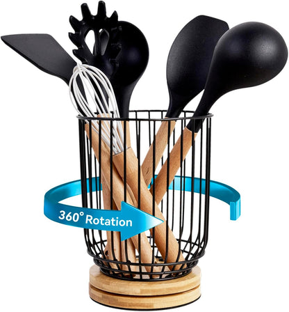 Utensil Holder for Kitchen Counter, Large Rotating Utensils Caddy for Farmhouse Cooking, Spatula Holder (Metal + Bamboo)