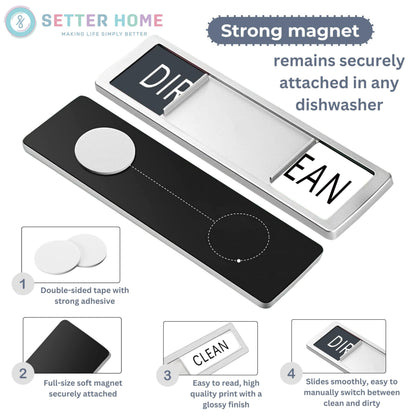 Clean dirty magnet for dishwasher, Premium Stainless Steel Black Clean Dirty Sign Indicator - Grade 304 Clean Dirty Magnet for Dishwasher, Easy to Read with Extra Adhesive Tape (Silver/White)