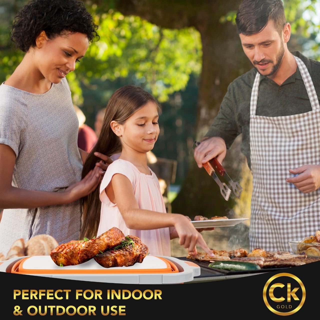 CK GOLD Collapsible BBQ Prep Tub XL with Locking Lid & Drain Hole | Meat Marinating Container with Cutting Board | BPA-Free Food-Grade Prep Tubs for Grilling, Camping & Outdoor Cooking (Orange, 16 L)