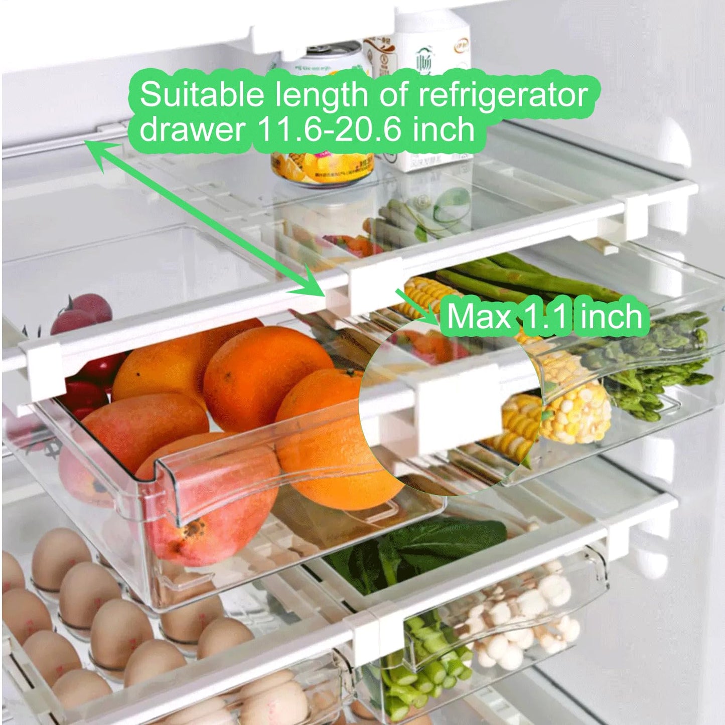 Yatmung 2 Pack Fridge Drawer Organizer - Egg Holder For Refrigerator Pull Out - Transparent Deli Drawer Organization Bin - Meat, Cheese - Sliding Storage Containers for Fridge Shelf Under 1.1"
