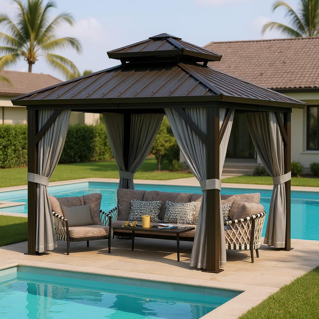 GarveeLife 10x10 ft Double Roof Hardtop Gazebo, Heavy Duty Galvanised Steel Hardtop Pavilion with Nettings and Curtains, Aluminum Gazebo for Patio, Terrace, Lawn and Deck, Grey