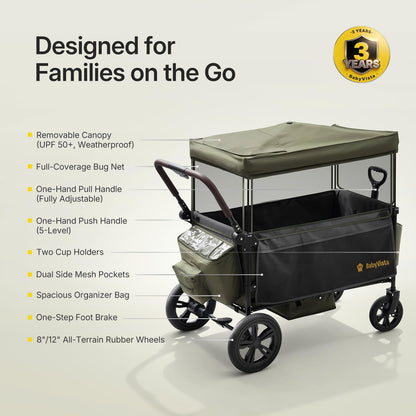 BabyVista Stroller Wagon for Kids, One-Hand Adjustable Push/Pull Handle, Spacious Storage, 8"/12" All-Terrain Wheels, Canopy with Bug Net, Wagon Stroller for Daily Walks, Short Trips & Grocery Runs