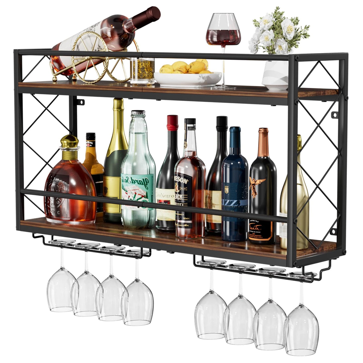 NEYCIL Wine Rack Wall Mounted 2 Tier Wall Wine Rack with Glass Holder, Double Layer Anti-Drop Crossbar, 31.5" Metal Wood Wall Mount Wine Holder for Home Kitchen Dining Room Coffee Shop Bar, Black