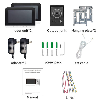 Video Intercom System, 7 Inch doorbell with Camera and Monitor, Video doorbell with IR-Cut Rainproof Outdoor Camera Visual Two-Way Intercom Audio Remote Unlock(1 Camera & 2 Monitors)