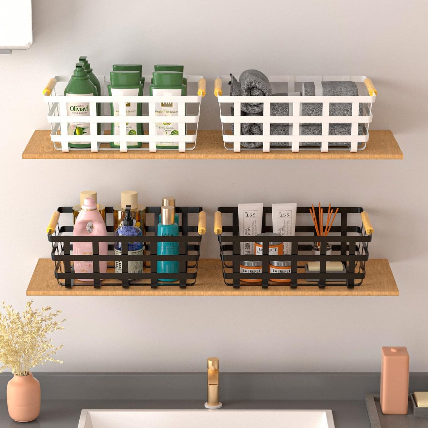 Farmhouse Wire Storage Baskets, Pantry Organizer Baskets with Wood Handle, Metal Bins for Kitchen Pantry (2 Pack)
