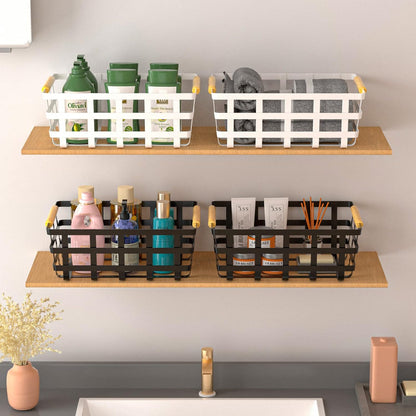 Farmhouse Wire Storage Baskets, Pantry Organizer Baskets with Wood Handle, Metal Bins for Kitchen Pantry (2 Pack)