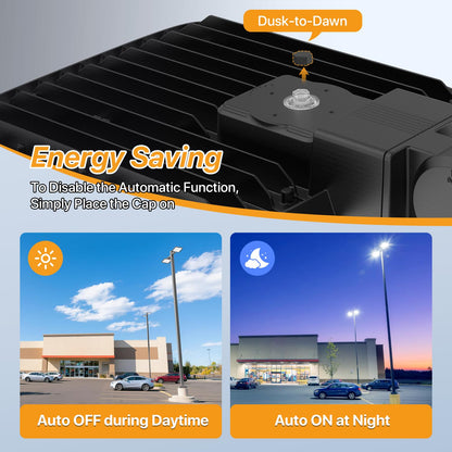 Demilare 200W LED Parking Lot Lights Outdoor Arm Mount with Dusk to Dawn Photocell 110V/120V Pole Flood Lights 5000K Outdoor Street Light IP65 Waterproof Commercial Area Lighting for Parking Lot 3Pack