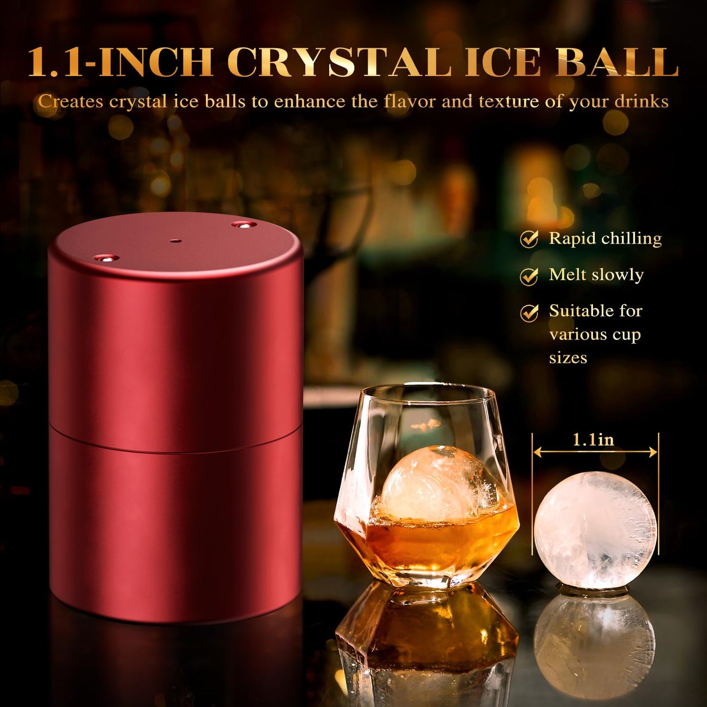 Mini Deluxe 1.1'' Ice Ball Press, Aluminum Ice Ball Maker for Ice Sphere to Enhance Drink Flavor, Ice Ball Press Kit with Tong and Drip Tray, for Whiskey, Bourbon, Scot & Cocktail